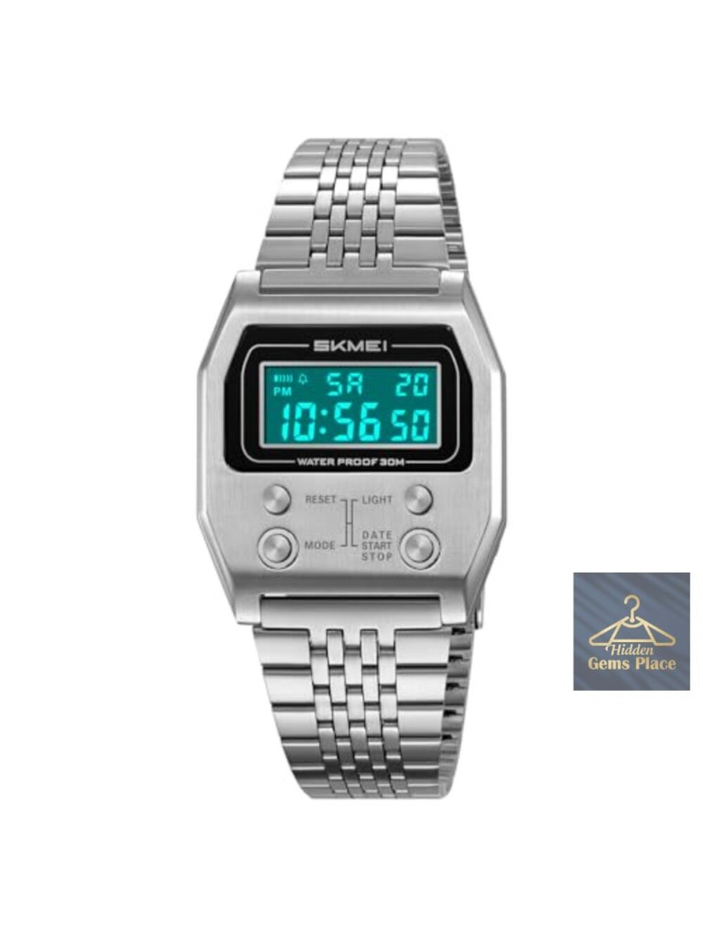 Retro Square Digital Watch Men Stainless Steel Bracelet Backlight Stopwatch